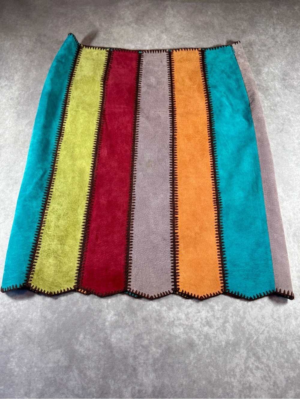 Think Tank Womens Multi Color Patchwork Pig Suede Leather Midi Skirt Size 14